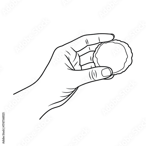 Hand holding a round object in a simple line drawing illustration