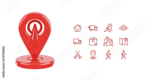 A vibrant 3D red map pin marker stands prominently against a stark black background, symbolizing location, navigation, and travel, accompanied by a grid of minimalist line art icons representing