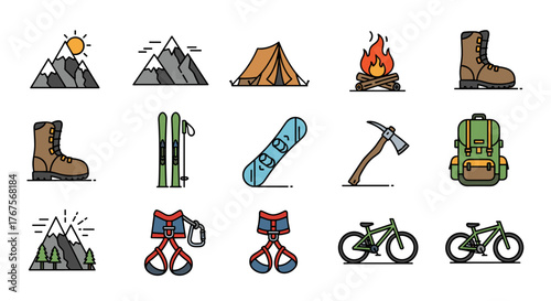 Collection of flat design icons representing outdoor adventure and extreme sports, including mountains, tents, campfires, hiking boots, skis, snowboards, ice axes, backpacks, climbing harnesses, and