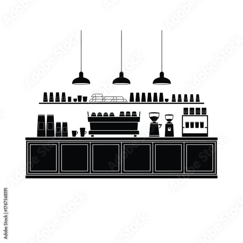 Silhouette of a modern coffee shop counter with equipment and decor