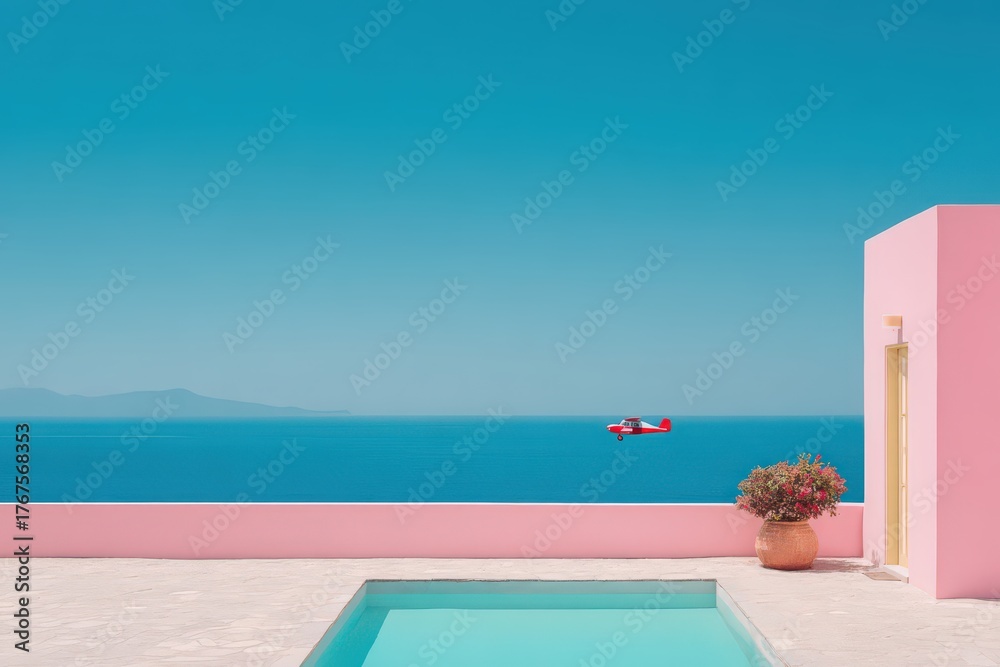 Fototapeta premium A stunning scene featuring a vibrant red airplane gliding gracefully over a serene turquoise sea with captivating pink architectural elements creating a perfect summer escape ambiance