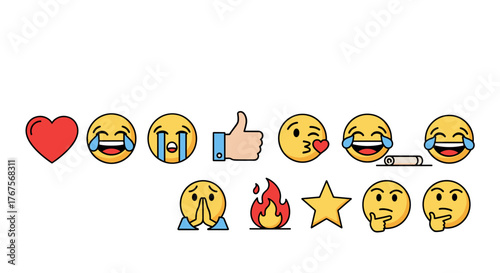 A vibrant collection of popular social media reaction emojis and symbols, including a red heart, laughing faces, crying faces, a thumbs-up, a kissing face, a praying hands emoji, a fire emoji, a