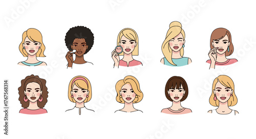 Set of diverse women's faces with different hairstyles and skin tones, applying makeup and cosmetics, showcasing beauty and self-care routines, vector illustration in a clean, modern, flat style