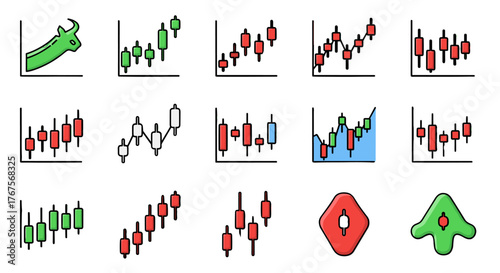 Collection of colorful financial candlestick charts and trading graph icons, including a bull symbol, representing market trends, stock exchange, investment, and economic analysis with a modern, flat