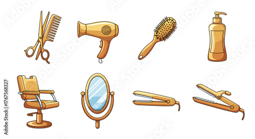 Golden collection of professional hairdressing tools and accessories, including scissors, comb, hairdryer, hairbrush, shampoo bottle, salon chair, mirror, and hair straighteners, isolated on a black