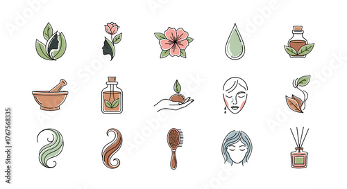 A collection of 15 minimalist line art icons representing natural beauty, wellness, and organic skincare, featuring elements like leaves, flowers, essential oil bottles, a mortar and pestle, a hand