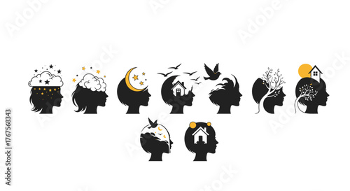 Abstract silhouette profiles of human heads filled with symbolic imagery representing dreams, thoughts, and emotions, including stars, clouds, moons, houses, birds, and trees, set against a dark