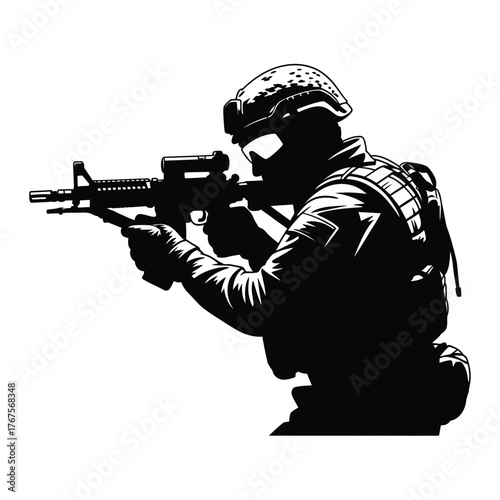 Silhouette of a soldier aiming a rifle in a tactical stance