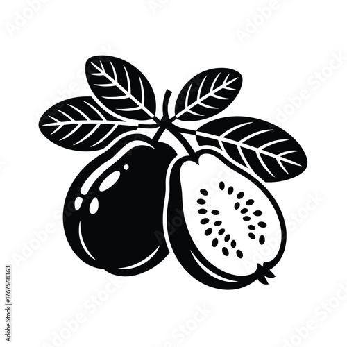 Black and white illustration of a whole guava and a cut guava with leaves