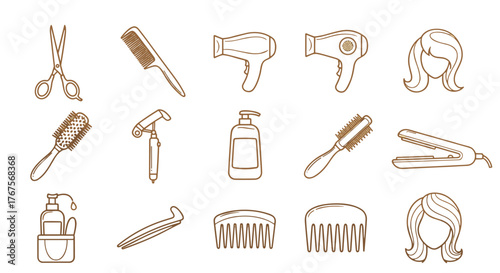 A collection of golden line art icons representing various hairdressing tools and elements, including scissors, combs, hair dryers, brushes, a flat iron, shampoo bottle, and stylized female