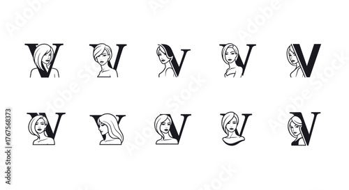 Set of ten stylized illustrations of the letter V, each creatively integrated with a silhouette of a woman's head and shoulders, showcasing diverse hairstyles and facial features, presented in a