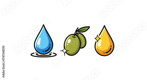 A visually striking and minimalist illustration featuring three distinct elements: a clear blue water droplet, a pair of ripe green olives on a stem, and a golden yellow oil droplet, all set against