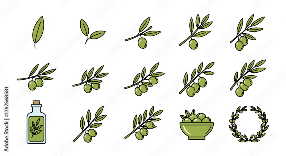 Naklejka premium Collection of stylized flat icons representing the olive tree life cycle and products, from single leaves and branches with olives to a bottle of olive oil and a laurel wreath, all on a black