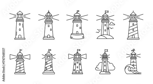 Collection of ten distinct lighthouse illustrations in a clean, white outline style on a black background, showcasing various designs and settings including waves, clouds, and flags, perfect for