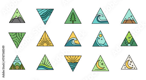 Collection of stylized triangular emblems featuring diverse natural landscapes and celestial bodies, including mountains, waves, trees, sunrises, sunsets, and moonlit skies, rendered in a clean