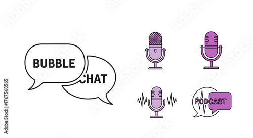 Collection of modern flat icons representing podcasting and communication, including speech bubbles with text 'BUBBLE CHAT' and 'PODCAST', alongside various microphone illustrations with sound waves