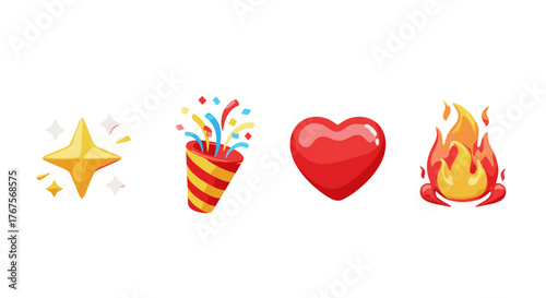 A vibrant 3D illustration featuring a sparkling star, a festive party popper exploding with confetti, a glossy red heart, and a fiery flame, all isolated on a black background, symbolizing
