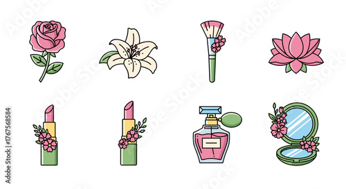 A charming collection of flat design icons featuring delicate flowers like roses, lilies, and lotuses, alongside essential beauty products such as lipstick, perfume, a makeup brush, and a compact