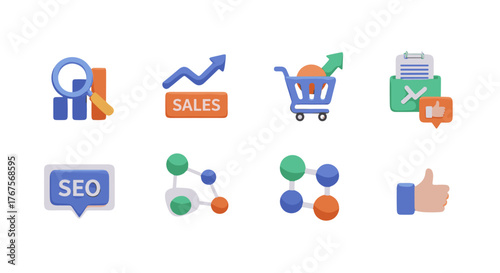 Set of 3D icons representing business growth, sales, SEO, and customer feedback, featuring a magnifying glass over charts, a shopping cart with an upward arrow, a clipboard with a thumbs-up icon, and