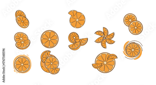 Collection of stylized orange slices and whole oranges, presented as a vibrant graphic resource with a black background, perfect for food and beverage designs, emphasizing freshness and citrus flavor