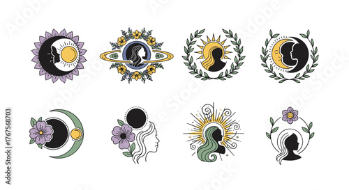 Collection of celestial and feminine symbols, featuring sun and moon motifs, zodiac signs, planetary elements, and elegant female silhouettes adorned with floral wreaths and botanical elements