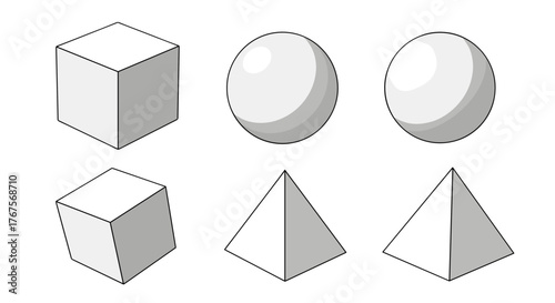 Set of basic 3D geometric shapes including a cube, sphere, and pyramid, rendered in a clean, isometric perspective with subtle shading against a black background, ideal for educational or design