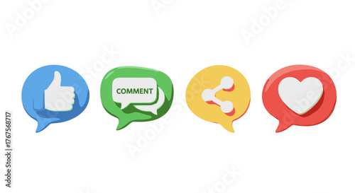 Vibrant 3D social media icons representing engagement: a blue thumb up for likes, a green speech bubble with the word "COMMENT" for discussion, a yellow share icon for distribution, and a red heart