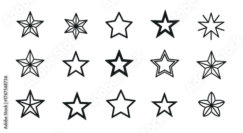 A collection of fifteen unique star shapes, rendered in a sketchy, hand-drawn style with a dark, charcoal-like texture against a stark black background, offering a versatile graphic resource for