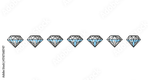 A horizontal line of seven sparkling, faceted diamonds with a light blue interior, set against a stark black background, symbolizing wealth, luxury, preciousness, and value in a clean, graphic