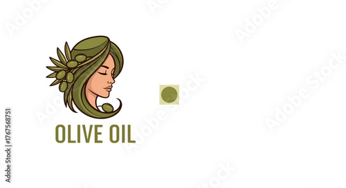 Elegant illustration of a woman with olive branches in her hair, representing olive oil, with the text "OLIVE OIL" below, suitable for branding and marketing in the food and beverage industry