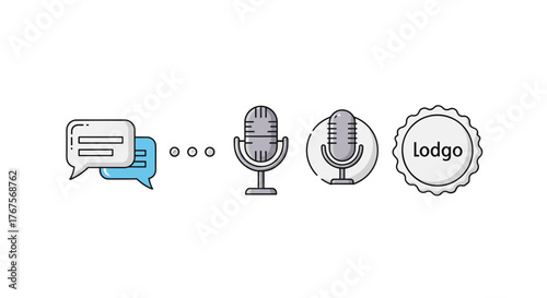 Conceptual illustration of podcasting and communication, featuring chat bubbles, vintage microphones, and a circular logo with the text "Lodgo", symbolizing the evolution of audio content creation