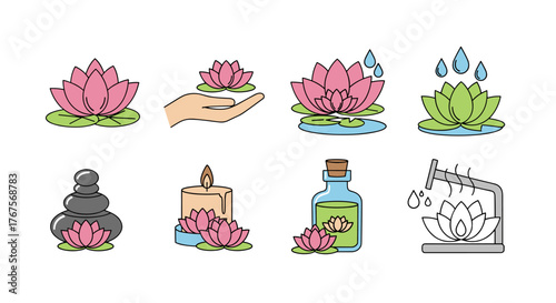 Collection of stylized flat icons representing spa and wellness elements, featuring lotus flowers in various arrangements, hot stones, a lit candle, essential oil bottle, and water droplets, all on a