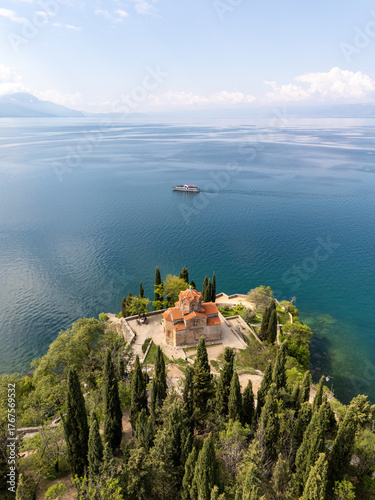 Church of Saint John Kaneo in Ohrid Town and Lake aerial view in North Macedonia