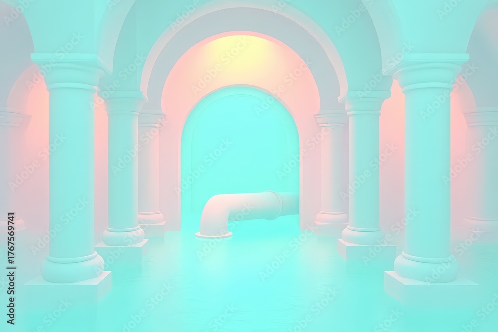 Fototapeta premium Ethereal architectural environment featuring pastel hues, water reflections, ancient columns, and modern pipe structure creating a dreamlike immersive experience in creative design