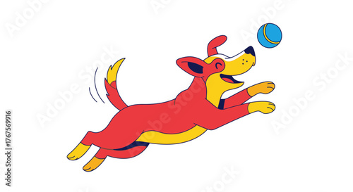 A happy red and yellow cartoon dog jumping in the air to catch a blue ball.