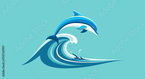 A stylized blue dolphin gracefully leaping over a cresting ocean wave illustration.