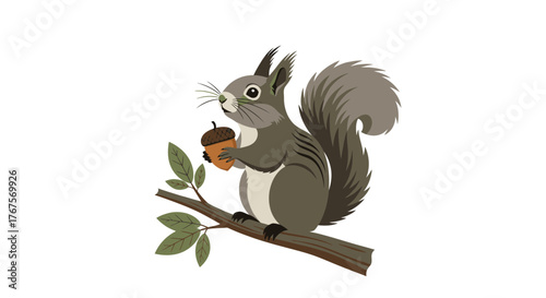Adorable cartoon squirrel holding an acorn on a tree branch.