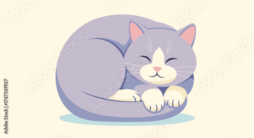 Adorable purple cartoon cat curled up sleeping peacefully vector illustration.