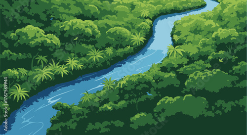 Aerial view of a winding blue river flowing through a dense lush green jungle canopy illustration.