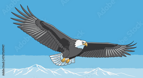 Cartoon American bald eagle soaring with wings spread wide in a vector illustration.