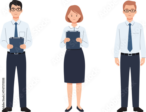 Create a kinds of deferent Simple blog thumbnail illustration of three pale office workers vector art with white background.