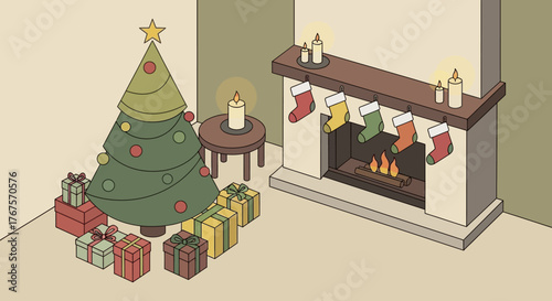 Christmas scene with tree, presents, fireplace, and stockings.