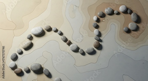 Serene arrangement of smooth, natural stones forming a flowing path across a modern, abstract topographic map background, evoking tranquility and mindful design.