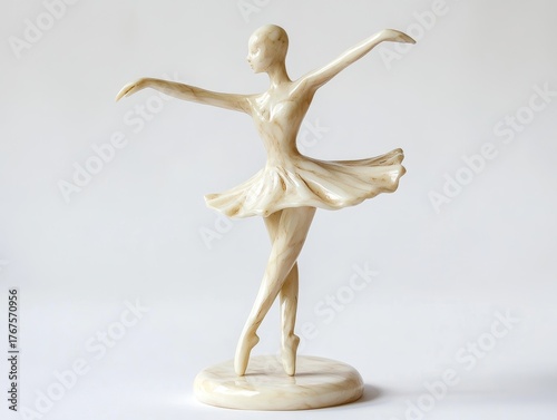 A handmade, white ballerina statue is shown against a white background. The statue is made of ivory and shows her dancing.
