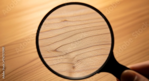 Magnifying glass reveals intricate wood grain texture, offering a close-up view of natural patterns and organic beauty for design inspiration and detailed observation.