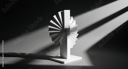 Abstract modern sculpture with dynamic light and shadow play, representing innovation and architectural design, perfect for conceptual backgrounds and branding.