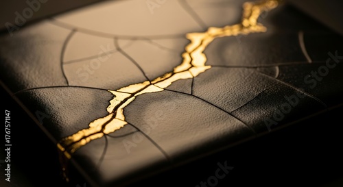 Stunning kintsugi pottery symbolizing resilience and beauty found in imperfection, a philosophy of embracing flaws and celebrating repair with precious gold accents.