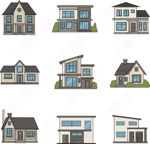 Create a kinds of deferent Simple vector icon illustration of a detached house vector art with white background.