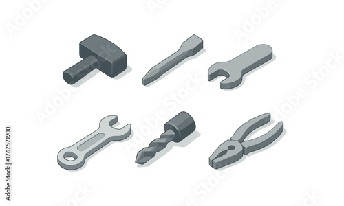 isometric icon items isolated on white background tools hammer head tools screwdriver tip tools wrench handle tools drill bit tools saw blade tools pliers jaw