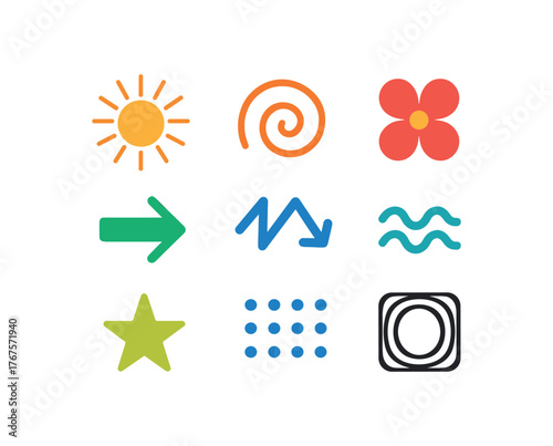 flat colorful symbols including sunburst spiral flower arrow zigzag wave dot grid optical theme flat vector illustration style isolated on white background vector icon illustration